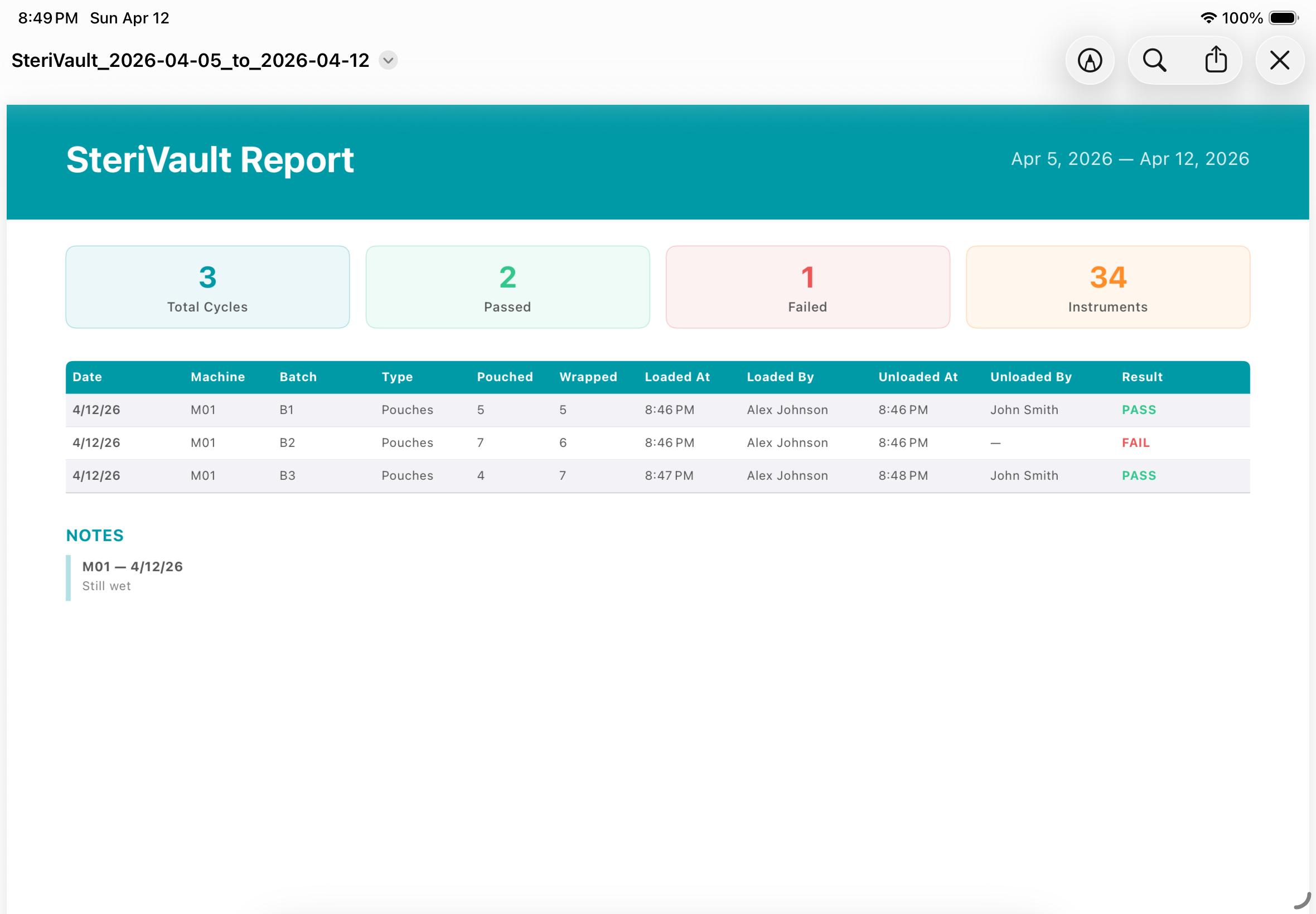 SteriVault PDF report showing sterilization cycle data